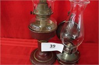 2 oil lamps - 1 w/ stand & 1 w/ wall mount