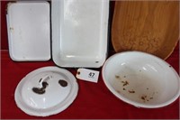 Enamel platter bowl, dish pan & wooden platter