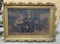 Antique tavern scene oil painting signed