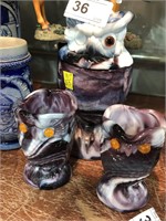 Slag Art Glass  Agate Owl Set- Creamer / Sugar &