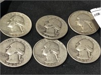 6 Silver Quarters 1940,53D,/S,63,43,59