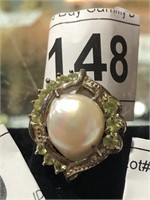 Sterling Ring w/ Large Pearl & Green Stones sz 8