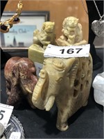2 Carved Stone Elephants & 2 Foo Dogs on Stands