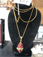 Enameled Red Egg Locket on Gold Toned Chain