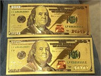 2 Gold Dipped $100 Dollar Replica Notes