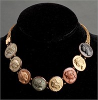 14K Gold Carved Lava Cameos 8 Greek Busts Necklace
