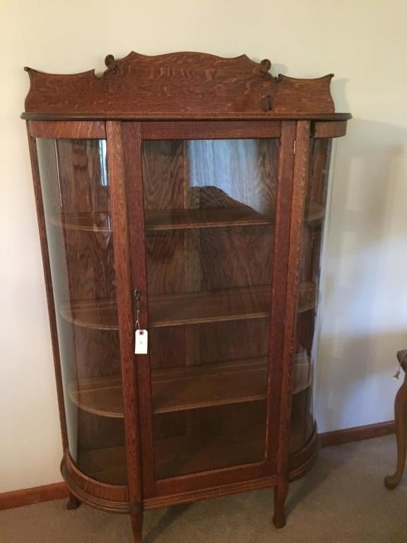 Very Nice Antique Oak Curved Glass, Curved Glass China Cabinet Antique