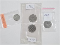 4 pcs 1927/36/51 CAD .05c & 1955 Silver .10c Coins