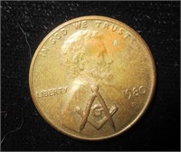 1980 USA Penny Coin With Freemason Stamp