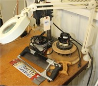 table lot to include clamp on magnifying light,