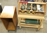 2 wooden rolling stands, paper cutter, hardware
