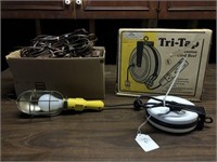 Box of Assorted Extension Cords, Trouble Light