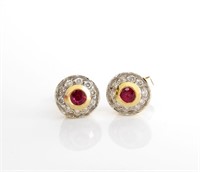14K Yellow Gold Ruby, Diamond Earrings