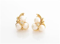 14K Yellow Gold Akoya Pearl, Diamond Earrings