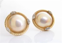 14K Yellow Gold Mabe Pearl, Diamond Earrings