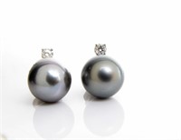 Pair of 14K White Gold Gray Pearl, Diamond Earring