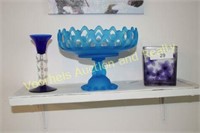 Blue satin glass compote & art glass