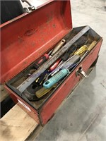 Red metal tool box w/misc tools