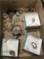 Jewelry, some boxed, pins, clip-on earrings, etc