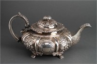 George IV Irish Silver Repousse Teapot, 19th C.