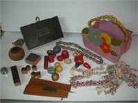 Wood Basket- Beads- Doll- Ink Blocks