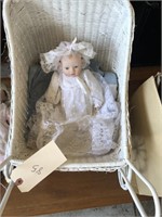 Wicker baby carriage with soft body and bisque