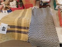 Woven rugs: yellow/brown, 43" long - blues/tan,