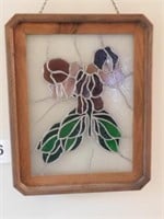 Stained glass framed floral picture in pinks,