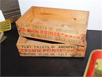 Two vintage wooden boxes labeled "Flat Fillets of