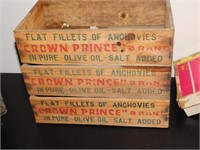 Three vintage wooden boxes labeled "Flat Fillets