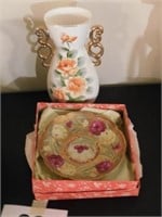 Enesco hand painted rose vase with gold trim,