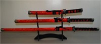 Decorative 3 Pc Red Samurai Sword Set w/Display