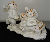 Large Porcelain Figure Snowmen on Sled 14"L