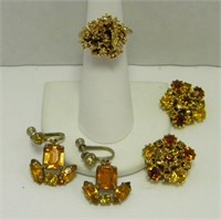 Vintage Amber Crystal Earrings and Ring