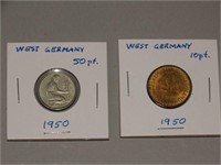 1950 West Germany 10 & 50 Pfennig Coins
