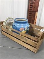 Blueberry crate, cigar tin, painted cookie jar,