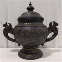 Asian Themed Pottery Handled Urn