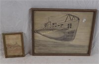 Pair Of Vintage Drawings Art Of Ships Subs