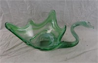 Vintage Swan Green Swirl Art Glass Candy Dish