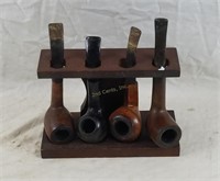 Pipe Holder W/ 4 Different Vintage Estate Pipes