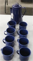 Enamel Coffee Pot and 8 Cups