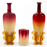 Hobbs Coral Morgan vases and NE Plated Amberina tumbler