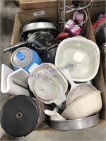 Box of kitchenware, pans, dishes