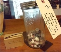 100 old china German marbles + orig box, ball jar