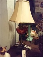 Old cranberry glass lamp w metal figural seahorses
