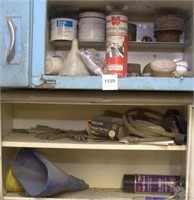 (2) cabinet contents, bottle caps, funnels, pins,