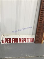 Open For Inspection tin sign, 20 x 5"