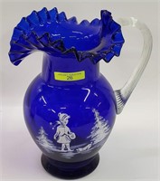 COBALT GLASS "MARY GREGORY" STYLE PITCHER