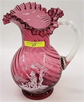CRANBERRY GLASS "MARY GREGORY" STYLE PITCHER