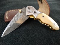 Custom Damascus Pocket Knife w/ Bone Handle